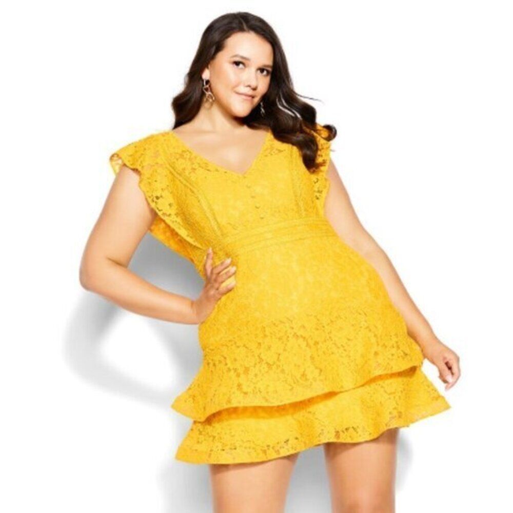 City Chic Women's All Over Crochet Lace Mini Dress Lined Party Marigold Size 16